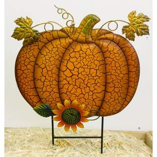 18”x12” Orange Crackle Pumpkin W/ Sunflower on Two Poles