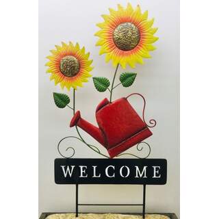 37”x17” Red Watering Can w/ Sunflowers on Two Poles